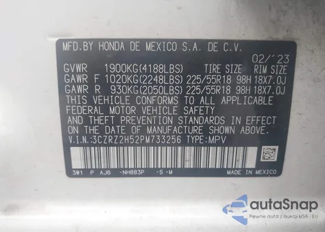 2023 Honda Hr-V Awd Sport z USA, uszkodzony, nr VIN 3CZRZ2H52PM733256